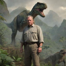 An impressive depiction of a noteworthy Alan Grant on Isla Nublar, with wary eyes and an air of vigilance, amidst the lush landscape and dinosaurs.