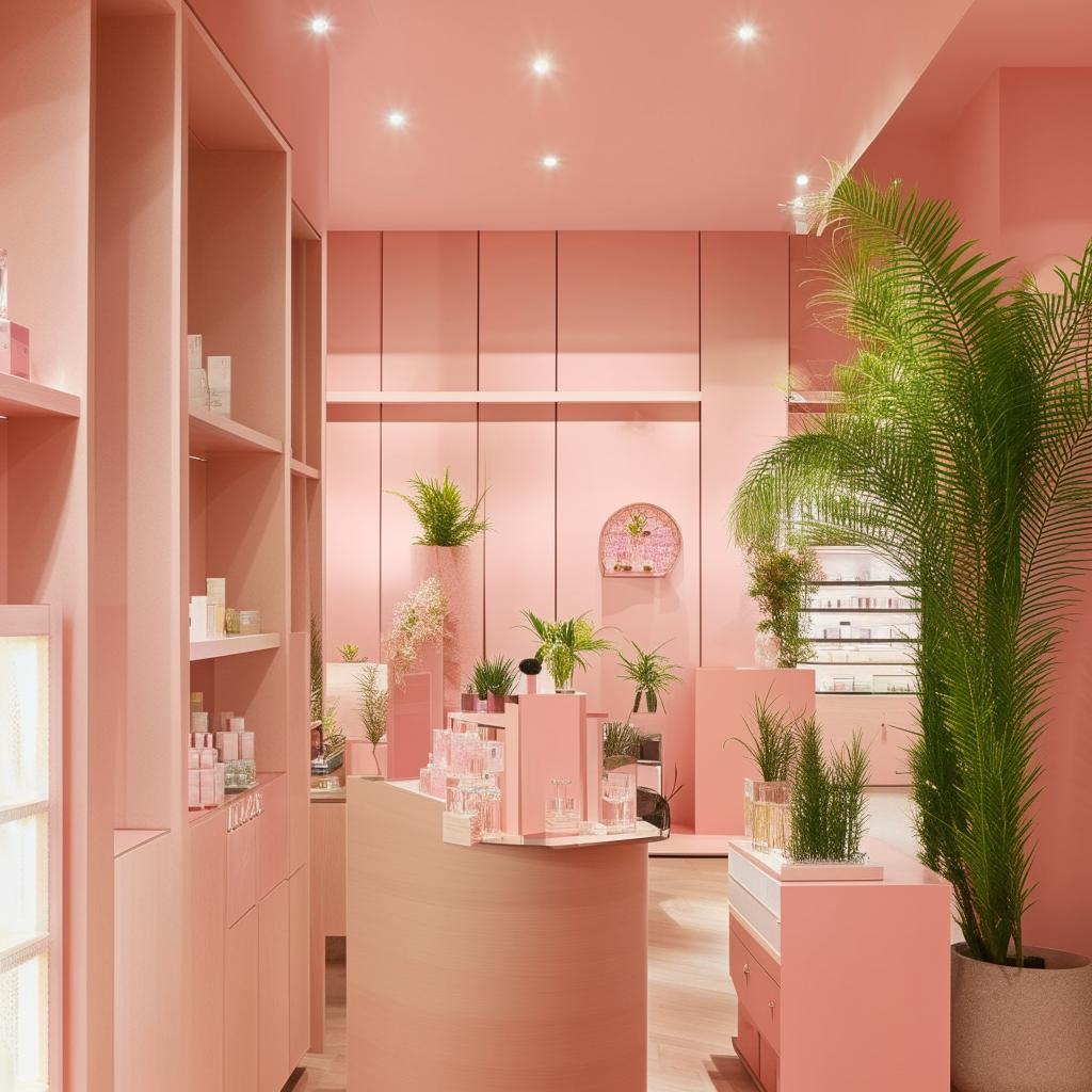 A stylish perfume store with a wall embellished with fake plants. The color palette includes soft pink, warm wood, and crisp white.