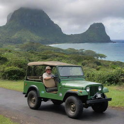 Alan Grant on his way to the Visitor Centre in a classic, logo-emblazoned Jurassic Park Jeep, with the verdant expanse of Isla Nublar as the backdrop.