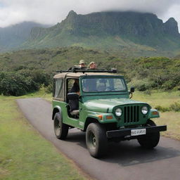 Alan Grant on his way to the Visitor Centre in a classic, logo-emblazoned Jurassic Park Jeep, with the verdant expanse of Isla Nublar as the backdrop.