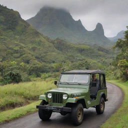 Alan Grant on his way to the Visitor Centre in a classic, logo-emblazoned Jurassic Park Jeep, with the verdant expanse of Isla Nublar as the backdrop.