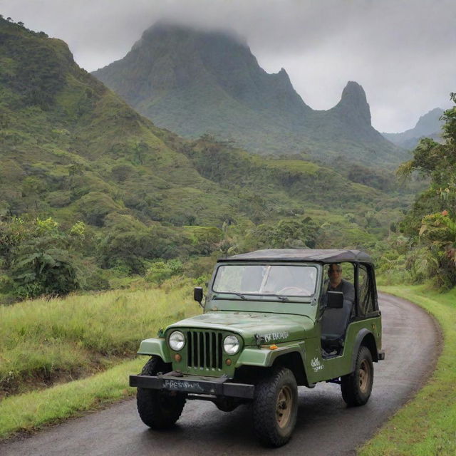 Alan Grant on his way to the Visitor Centre in a classic, logo-emblazoned Jurassic Park Jeep, with the verdant expanse of Isla Nublar as the backdrop.