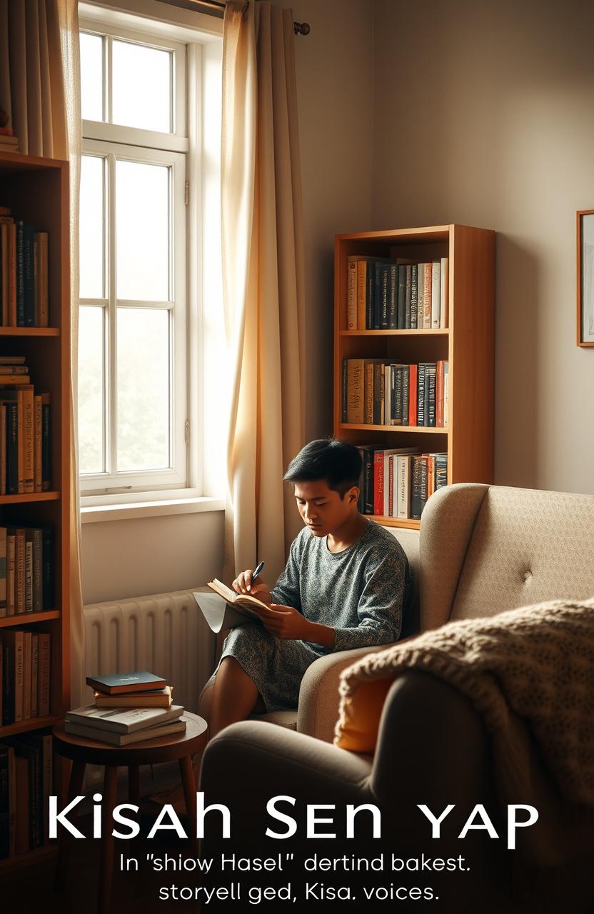 A serene and contemplative setting that represents the essence of 'Kisah Senyap' - a peaceful, quiet room with soft natural light filtering through a window, illuminating a cozy reading nook