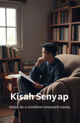 A serene and contemplative setting that represents the essence of 'Kisah Senyap' - a peaceful, quiet room with soft natural light filtering through a window, illuminating a cozy reading nook