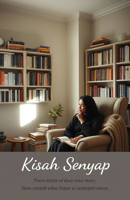 A serene and contemplative setting that represents the essence of 'Kisah Senyap' - a peaceful, quiet room with soft natural light filtering through a window, illuminating a cozy reading nook