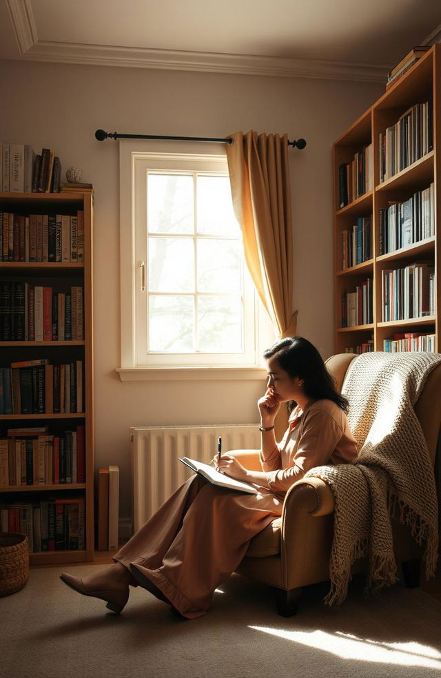 A serene and contemplative setting that represents the essence of 'Kisah Senyap' - a peaceful, quiet room with soft natural light filtering through a window, illuminating a cozy reading nook