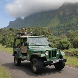 Alan Grant on his way to the Visitor Centre in a classic, logo-emblazoned Jurassic Park Jeep, with the verdant expanse of Isla Nublar as the backdrop.