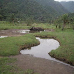 Alan Grant and company arriving at the Visitor Centre of Jurassic Park on Isla Nublar, with a small marshy pool visible in the foreground.