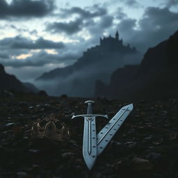 A captivating scene of a sword lying on the ground in a dark, misty valley, surrounded by rugged terrain