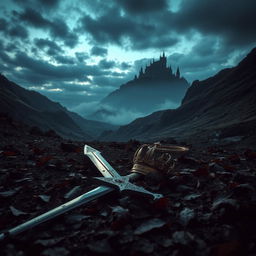 A captivating scene of a sword lying on the ground in a dark, misty valley, surrounded by rugged terrain