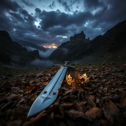 A captivating scene of a sword lying on the ground in a dark, misty valley, surrounded by rugged terrain