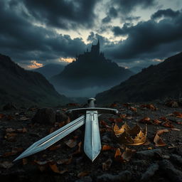 A captivating scene of a sword lying on the ground in a dark, misty valley, surrounded by rugged terrain