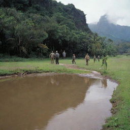 Alan Grant and company arriving at the Visitor Centre of Jurassic Park on Isla Nublar, with a small marshy pool visible in the foreground.