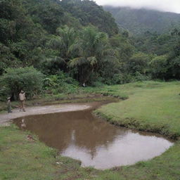 Alan Grant and company arriving at the Visitor Centre of Jurassic Park on Isla Nublar, with a small marshy pool visible in the foreground.