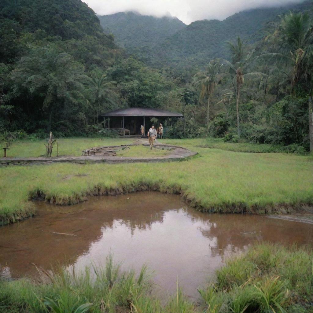 Alan Grant and company arriving at the Visitor Centre of Jurassic Park on Isla Nublar, with a small marshy pool visible in the foreground.