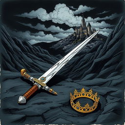 A beautifully illustrated drawn style scene featuring a sword lying in a shadowy dark valley