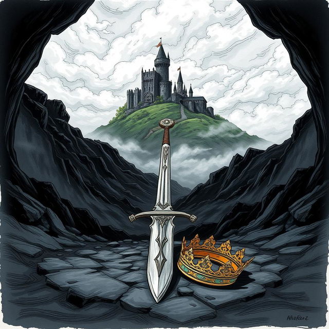 A beautifully illustrated drawn style scene featuring a sword lying in a shadowy dark valley