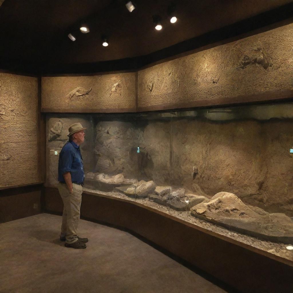 Alan Grant, visibly awestruck and fascinated, stepping inside the Jurassic Park Visitor Centre on Isla Nublar, captivated by the sight of dinosaur fossils on display.