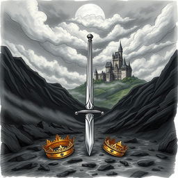 A beautifully illustrated drawn style scene featuring a sword lying in a shadowy dark valley