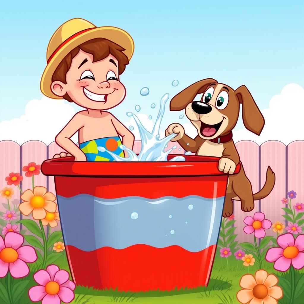 A humorous cartoon style illustration of a mischievous boy playfully peeing into a large water bucket in a backyard setting