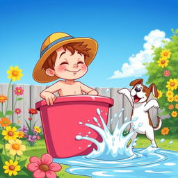 A humorous cartoon style illustration of a mischievous boy playfully peeing into a large water bucket in a backyard setting