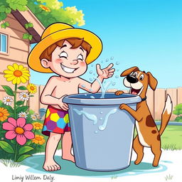 A humorous cartoon style illustration of a mischievous boy playfully peeing into a large water bucket in a backyard setting