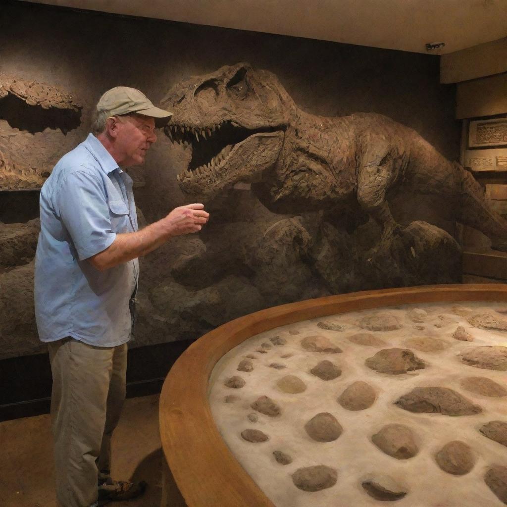 Alan Grant, visibly awestruck and fascinated, stepping inside the Jurassic Park Visitor Centre on Isla Nublar, captivated by the sight of dinosaur fossils on display.