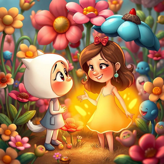 A whimsical fantasy scene depicting a surreal interaction between two characters