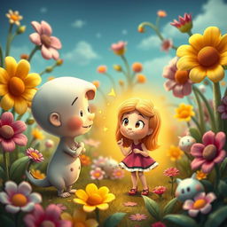 A whimsical fantasy scene depicting a surreal interaction between two characters