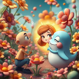 A whimsical fantasy scene depicting a surreal interaction between two characters