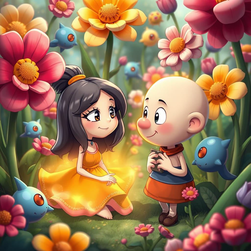 A whimsical fantasy scene depicting a surreal interaction between two characters