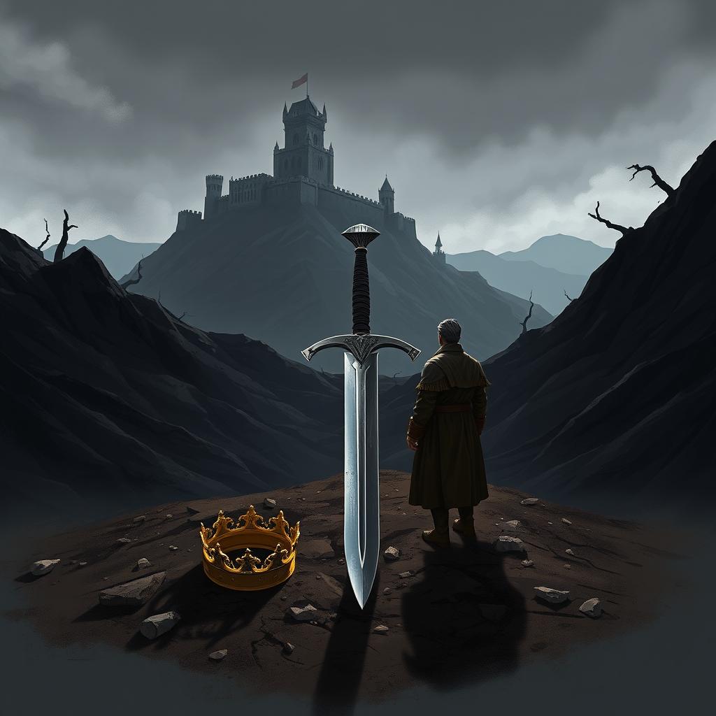 A dynamic Procreate 3D style illustration showcasing a sword lying in a dark valley, surrounded by ominous shadows and twisted terrain