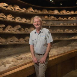 Alan Grant, visibly awestruck and fascinated, stepping inside the Jurassic Park Visitor Centre on Isla Nublar, captivated by the sight of dinosaur fossils on display.