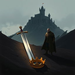 A dynamic Procreate 3D style illustration showcasing a sword lying in a dark valley, surrounded by ominous shadows and twisted terrain