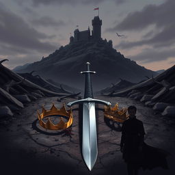 A dynamic Procreate 3D style illustration showcasing a sword lying in a dark valley, surrounded by ominous shadows and twisted terrain