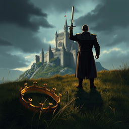 A stunning Procreate 3D style illustration featuring a grand castle perched atop a hill, its towers rising majestically against a moody sky