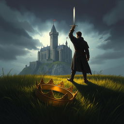 A stunning Procreate 3D style illustration featuring a grand castle perched atop a hill, its towers rising majestically against a moody sky