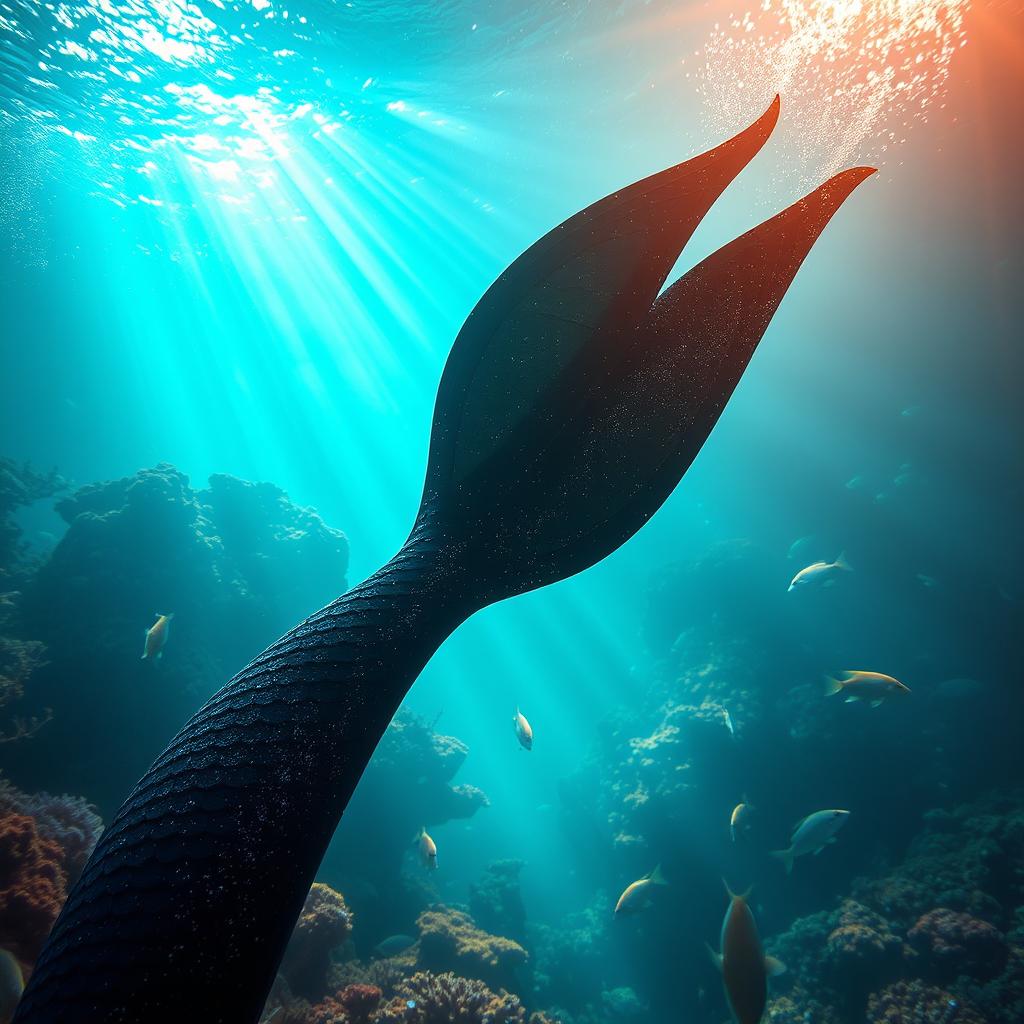 A stunning black merman fin underwater, shimmering beautifully with glitter in the sunlight