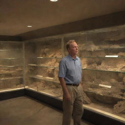 Alan Grant, visibly awestruck and fascinated, stepping inside the Jurassic Park Visitor Centre on Isla Nublar, captivated by the sight of dinosaur fossils on display.