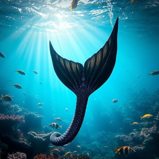 A stunning black merman fin underwater, shimmering beautifully with glitter in the sunlight