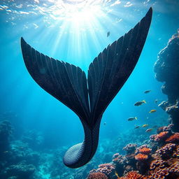 A stunning black merman fin underwater, shimmering beautifully with glitter in the sunlight