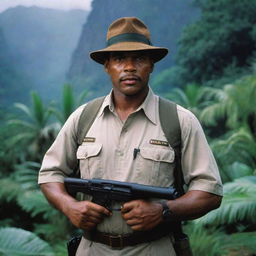 Alan Grant, now employed at Jurassic Park, dressed in the iconic park uniform and armed with a gun for safety, set against the backdrop of the lush Isla Nublar.