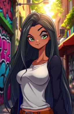 An animated American lady with a mysterious smile, featuring long flowing hair and a stylish outfit, set against a vibrant urban background