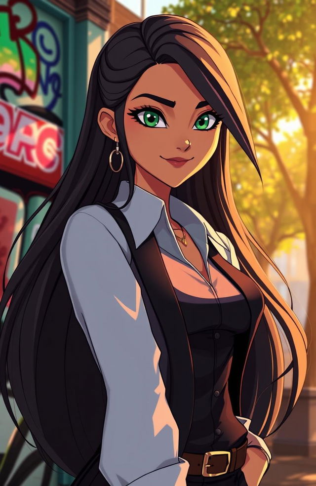 An animated American lady with a mysterious smile, featuring long flowing hair and a stylish outfit, set against a vibrant urban background