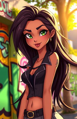 An animated American lady with a mysterious smile, featuring long flowing hair and a stylish outfit, set against a vibrant urban background