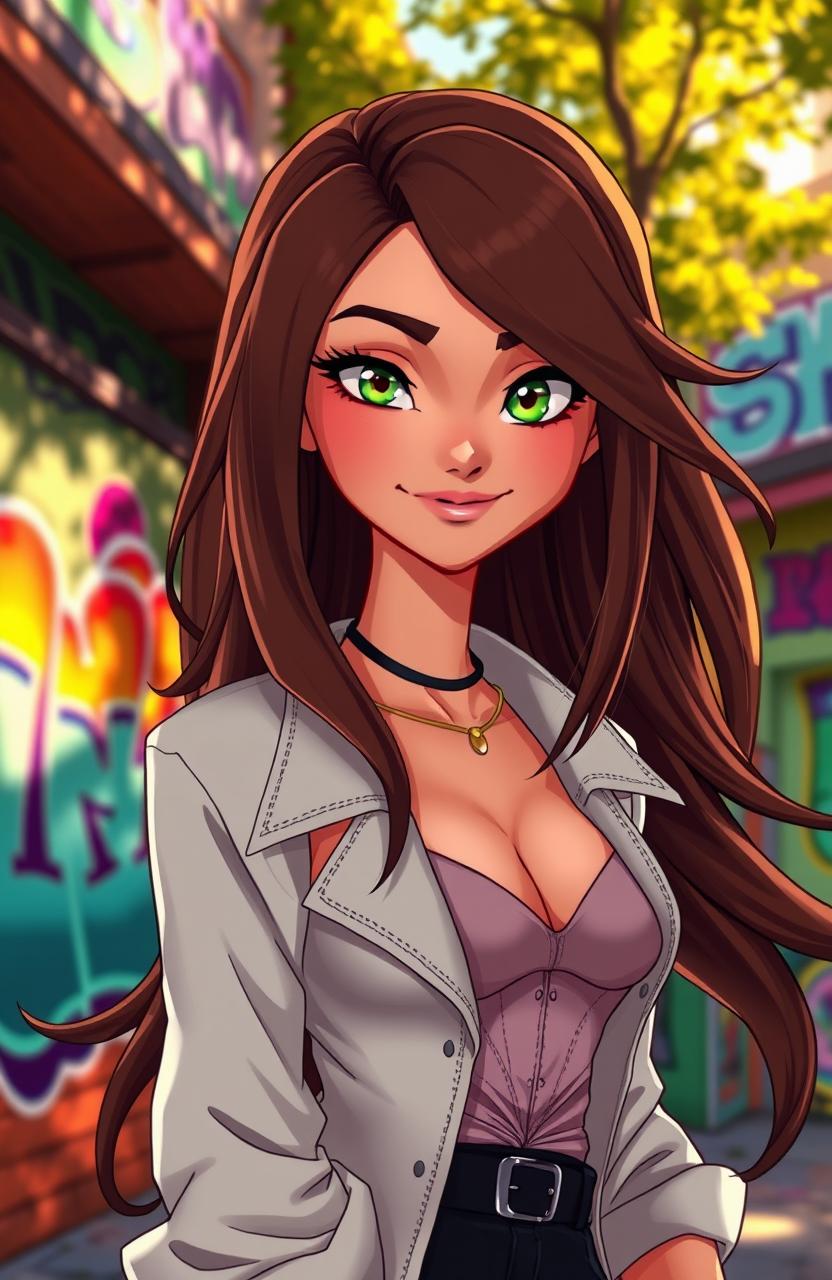 An animated American lady with a mysterious smile, featuring long flowing hair and a stylish outfit, set against a vibrant urban background