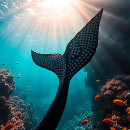 A striking black merman fin underwater, featuring intricate scales that glitter dazzlingly in the sunlight