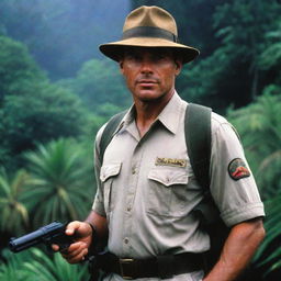 Alan Grant, now employed at Jurassic Park, dressed in the iconic park uniform and armed with a gun for safety, set against the backdrop of the lush Isla Nublar.