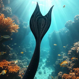 A striking black merman fin underwater, featuring intricate scales that glitter dazzlingly in the sunlight