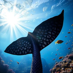 A striking black merman fin underwater, featuring intricate scales that glitter dazzlingly in the sunlight